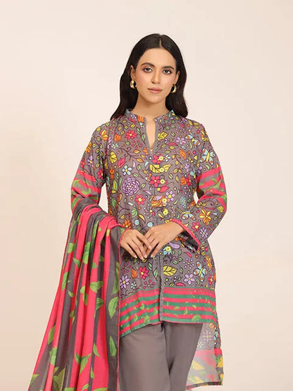 Women’s printed long kurta set with multicolor motifs, plus striped drape dupatta