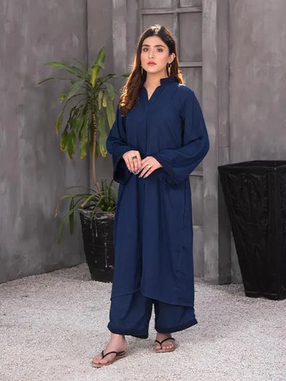 Navy blue V-neck kurta set with matching pants, front view on model