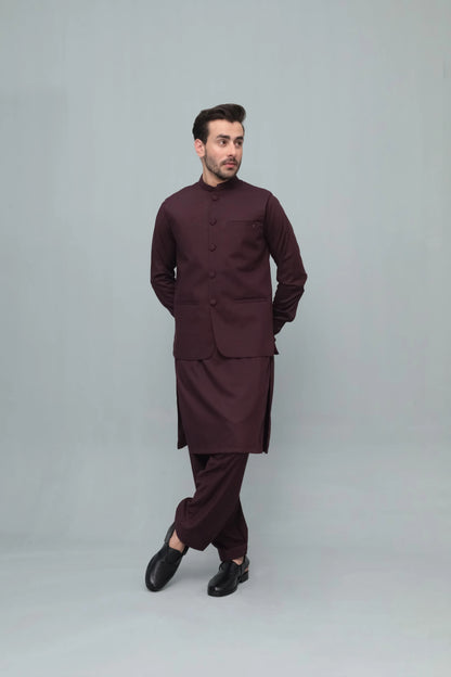 Mazham 3-piece shalwar suit, dark maroon kurta-style jacket and shalwar trousers