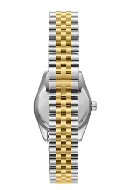 BHPC gold and silver wristwatch case with crown, front-facing side view