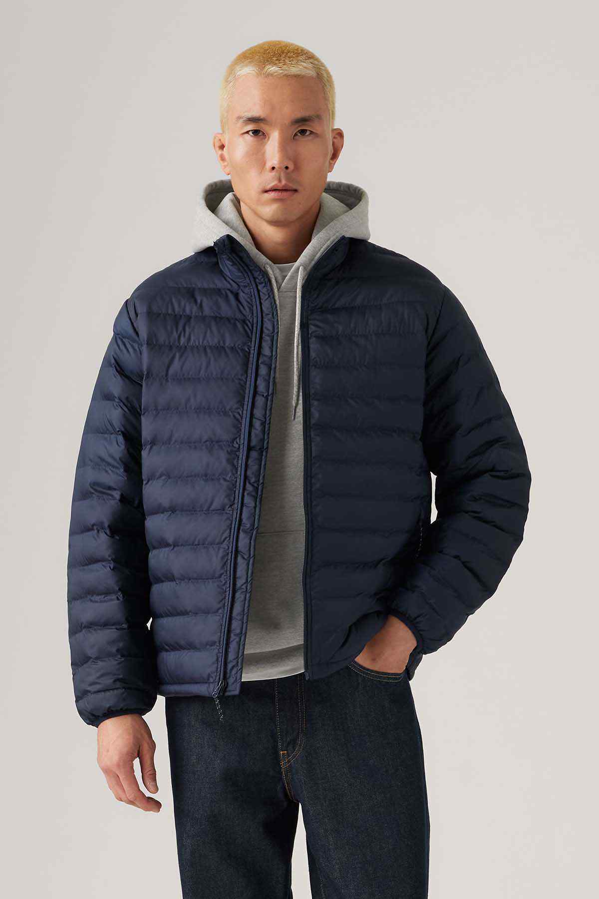 Levi's men's blue padded puffer jacket with hood and full front zipper