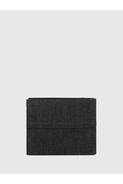 Dark denim bi-fold wallet, fold-over front with stitched seam