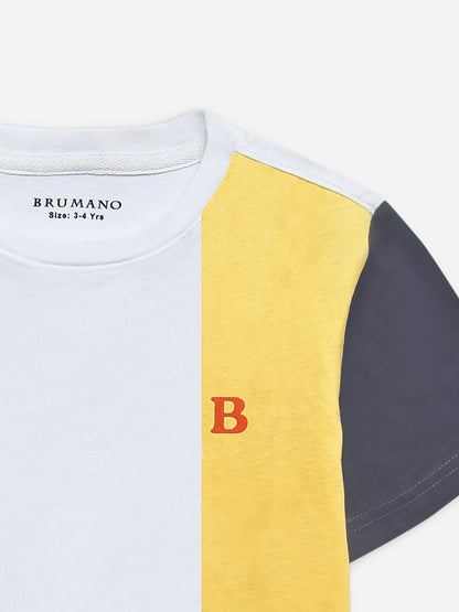 Brumano crew-neck cotton T-shirt with yellow and navy side panels, red B logo