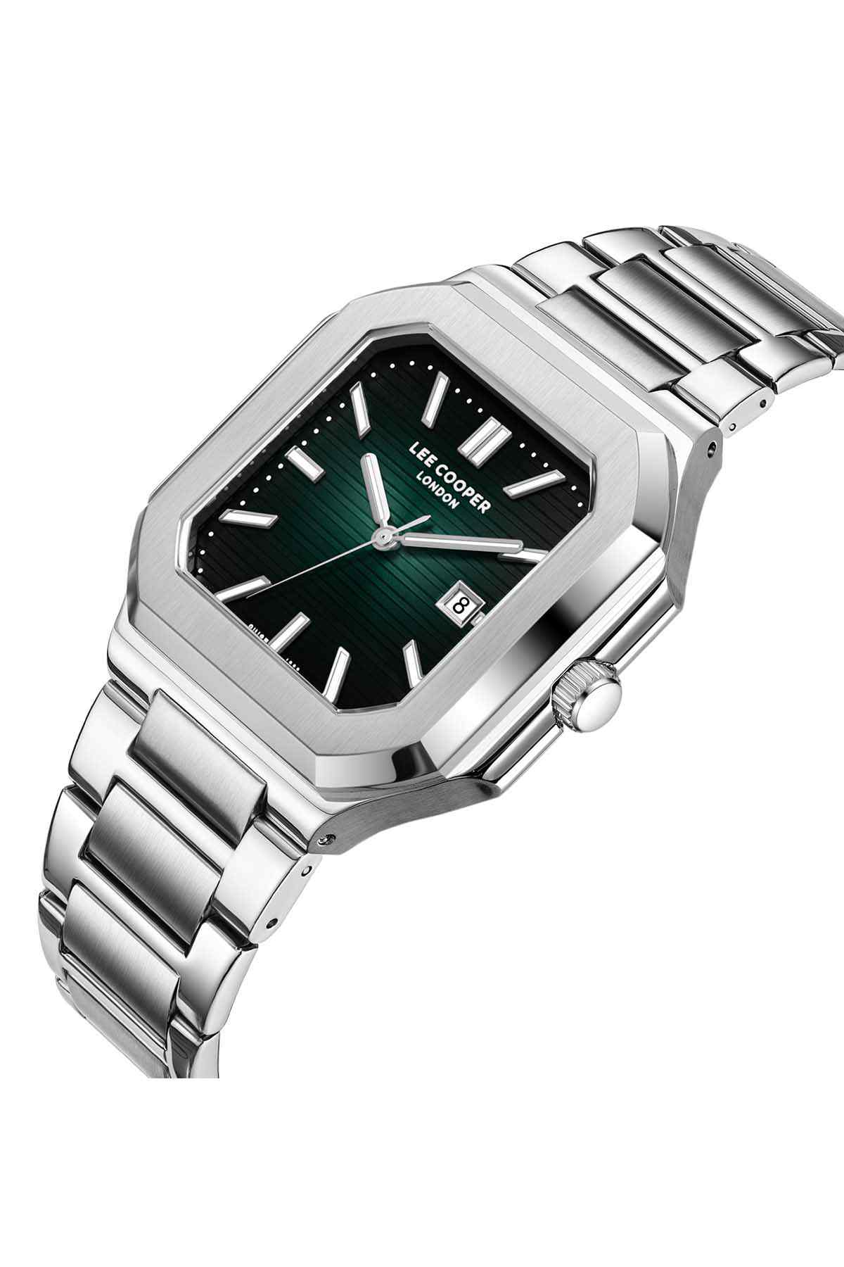 Lee Cooper silver metal wristwatch angled view, dark green dial and date window