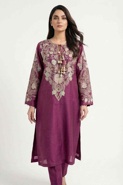 Plum long kurta featuring embroidered floral motifs and tassel accents.