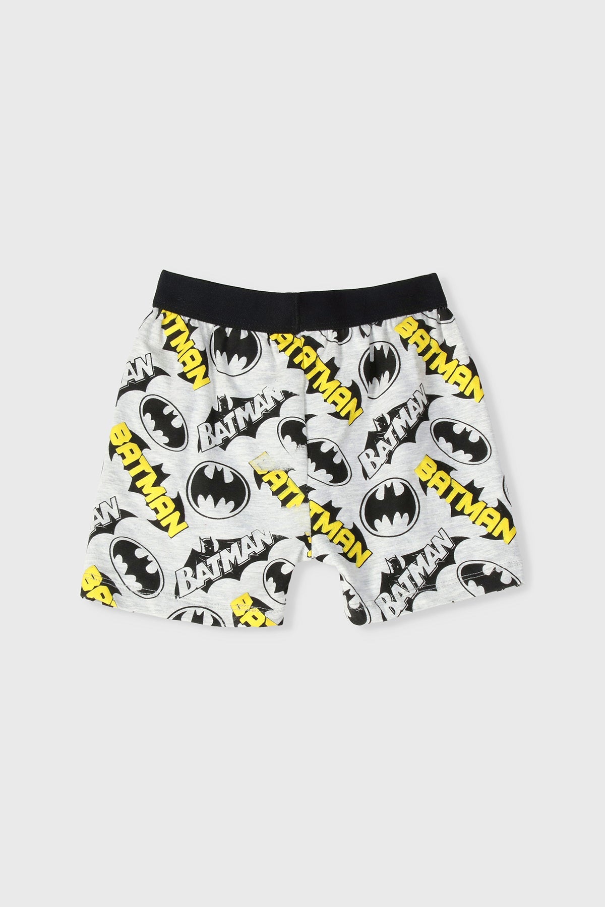 Boys' Batman logo print shorts with black waistband, multicolor bats and yellow text