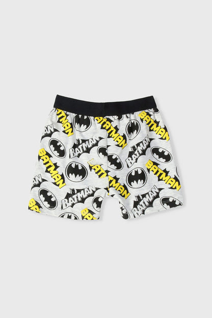 Boys' Batman logo print shorts with black waistband, multicolor bats and yellow text
