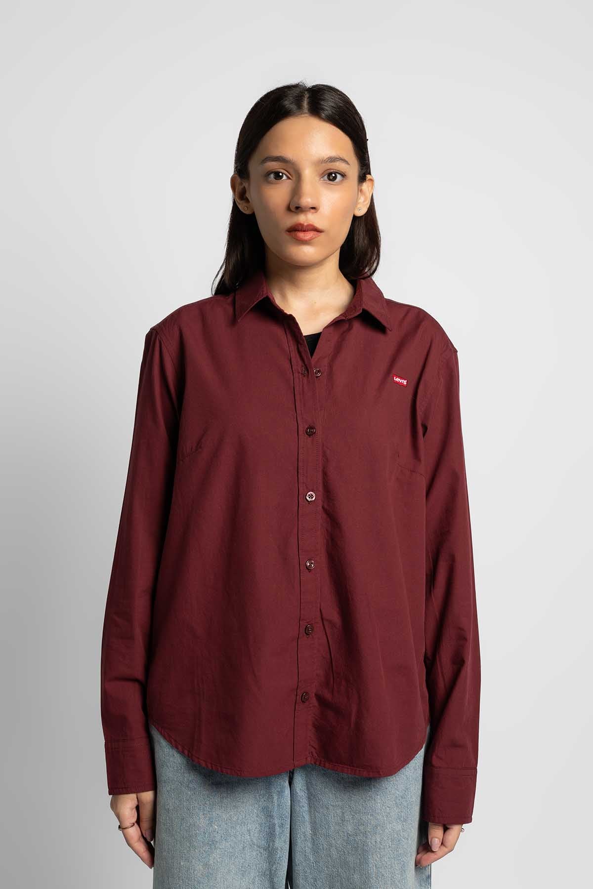 Levi's maroon button-up shirt with long sleeves, collar, and small chest logo