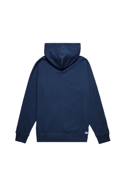 Navy back view zip hoodie with hood and ribbed hem cuffs
