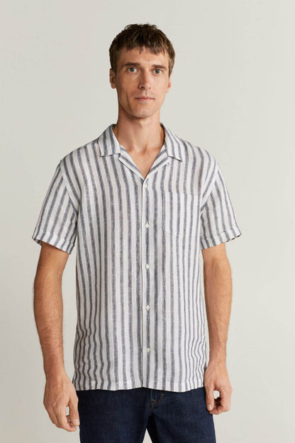 Men's light blue and navy striped short-sleeve button-up shirt, front view