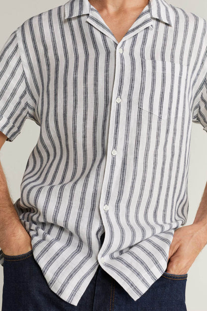 Men's striped short-sleeve button-up shirt close-up, collar and button placket