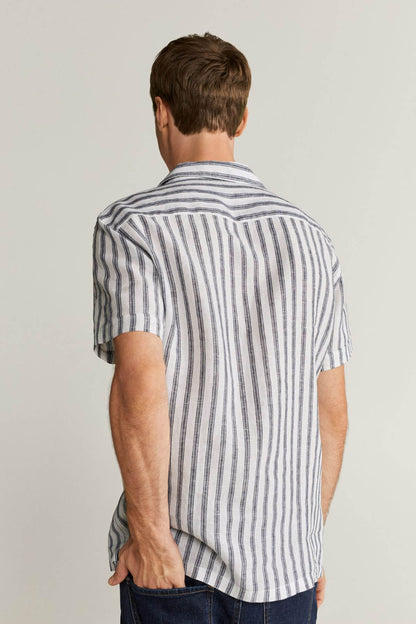 Men's light blue and navy striped short-sleeve button-up shirt, back view