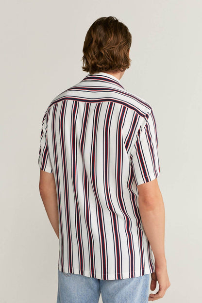 Striped short-sleeve button-up shirt, back view, white base with red/blue vertical stripes