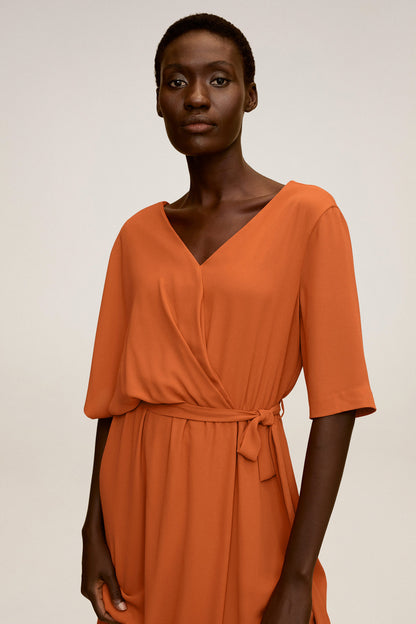 Orange V-neck midi dress with short sleeves and self-tie waist