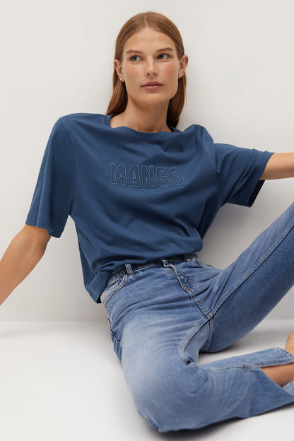 Ink blue MANGO logo T-shirt with crew neck and short sleeves