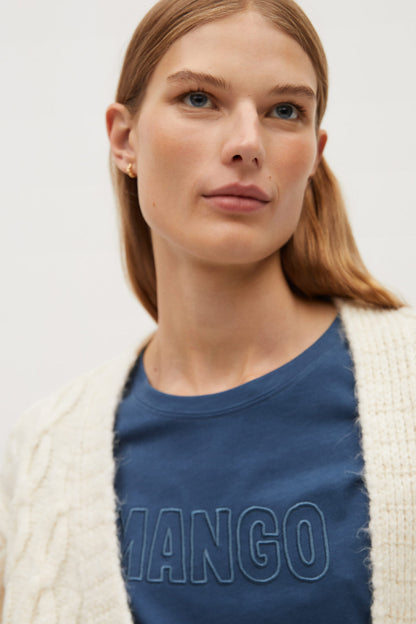 Ink blue MANGO logo T-shirt close-up, crew neck
