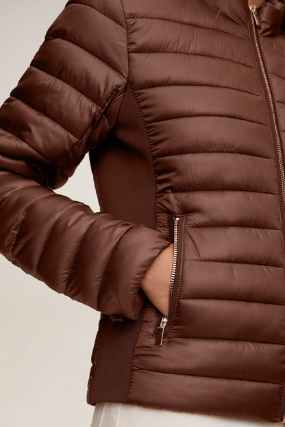 MANGO tobacco brown puffer jacket sleeve and side zipper detail