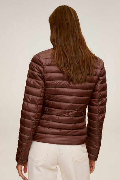 MANGO tobacco brown puffer jacket back view with horizontal quilting and full zip