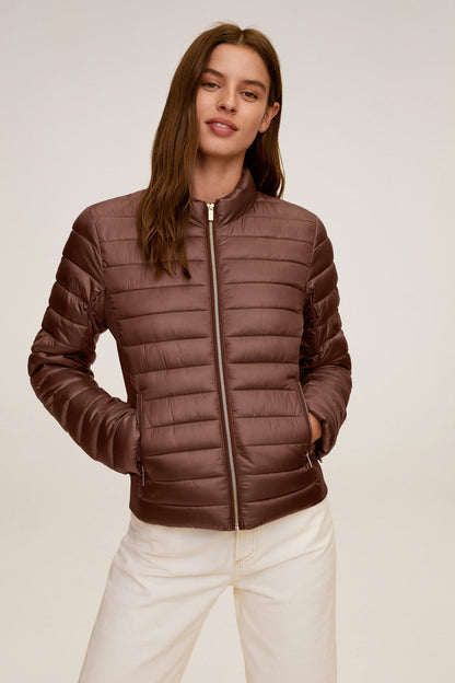MANGO tobacco brown puffer jacket with full-zip front and stand collar