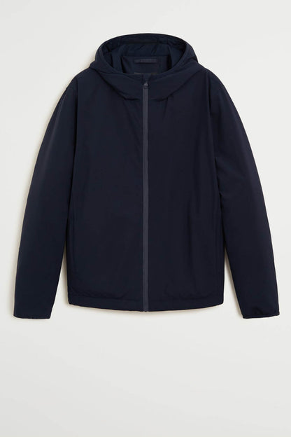 Dark blue hooded zip-up jacket with full-length front zipper and long sleeves