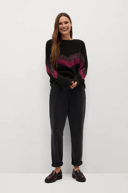 MANGO black crewneck sweater with maroon speckled geometric stripe