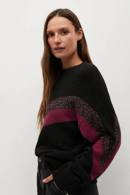 MANGO black sweater with crew neck and maroon speckled geometric stripe
