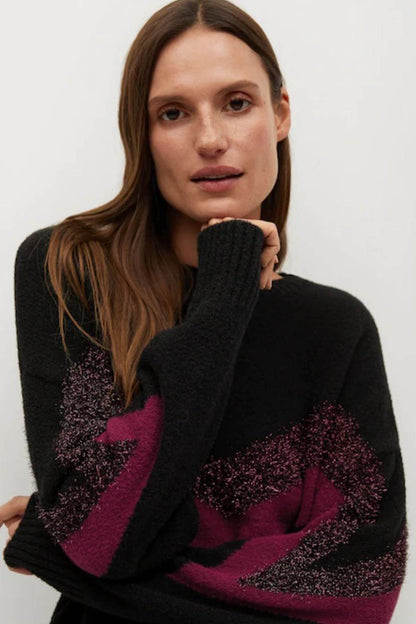 MANGO black crewneck sweater with maroon speckled wave stripe, close-up