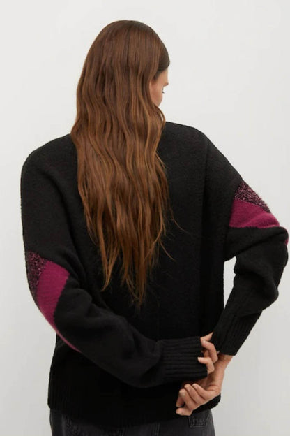 MANGO black sweater back view with maroon speckled stripe on sleeves and hem