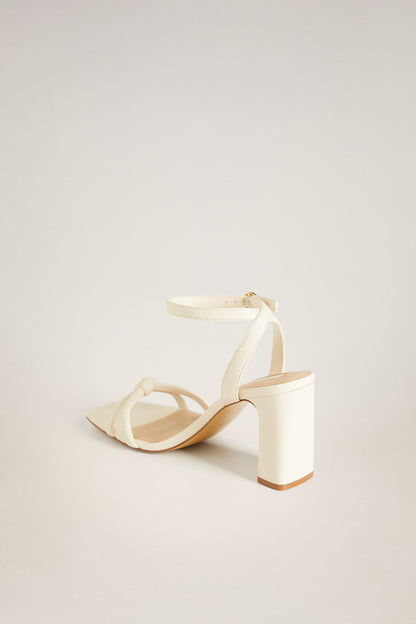 Ice grey heeled sandals with ankle strap and thick block heel, open toe
