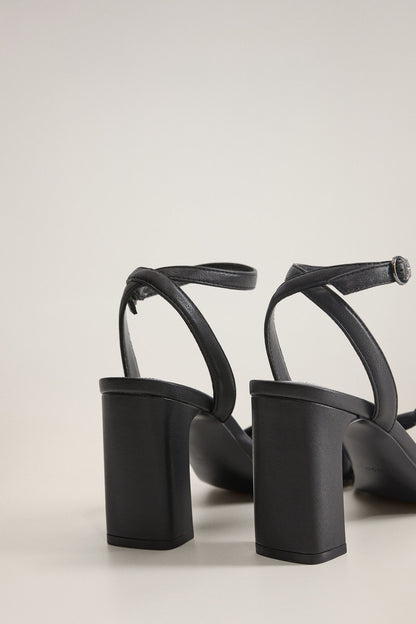 MANGO black heeled sandals with block heel and ankle strap, open toe