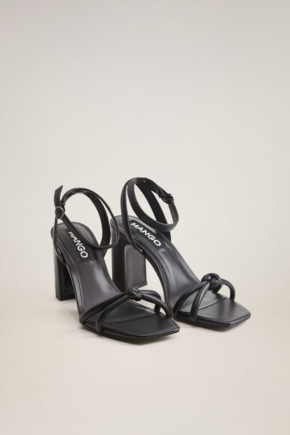 MANGO black heeled sandals with ankle strap and knotted toe detail, open toe