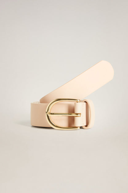 Beige belt with gold-tone rectangular buckle