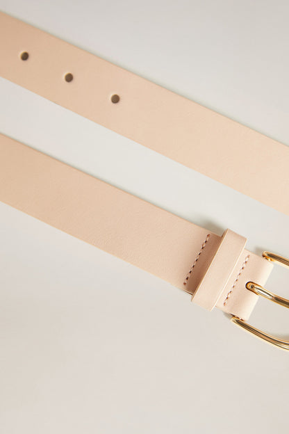 Beige belt with stitched keeper strap and gold-tone buckle