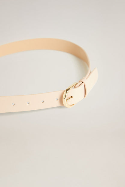 Beige belt with gold-tone D-ring buckle and punched holes
