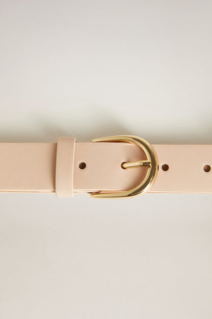 Beige belt with gold-tone buckle and rivet hole details