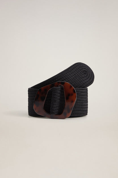 Black woven belt with tortoiseshell square buckle