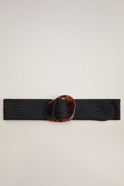 Black woven belt strap with tortoiseshell buckle detail