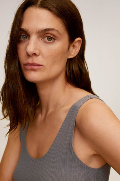 MANGO medium heather grey ribbed scoop-neck sleeveless tank top, close-up