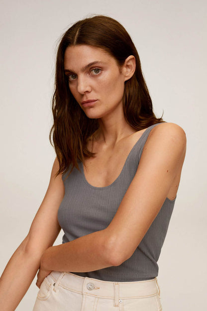 MANGO medium heather grey ribbed scoop-neck sleeveless tank top