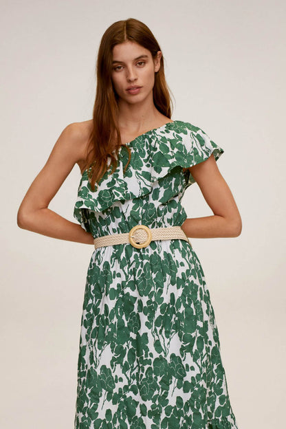 Green leaf-print midi dress with ruffle cap sleeves and round belt buckle