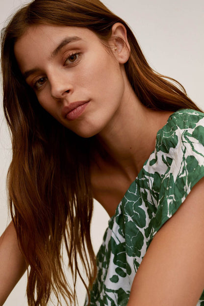 Green leaf-print dress with square neckline and ruffled cap-sleeve detail