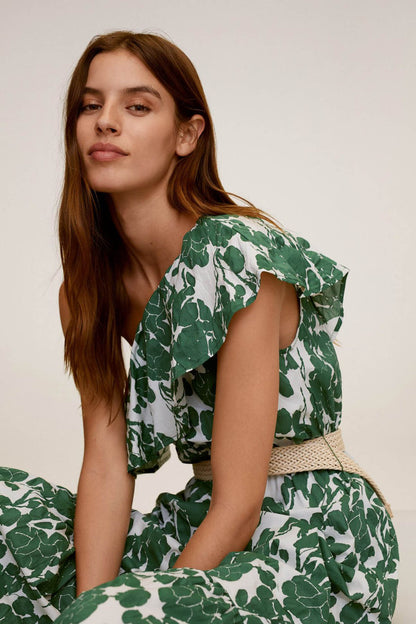 Green leaf-print dress with ruffle cap sleeves and fitted waist seam