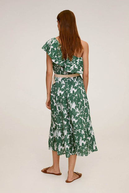 Green leaf-print midi dress with ruffle cap sleeves and tied waist belt