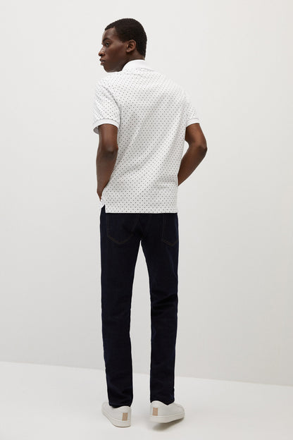 MANGO white patterned polo shirt, short sleeves, back view with straight hem