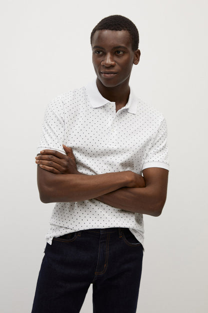 MANGO white patterned polo shirt with short sleeves and buttoned collar