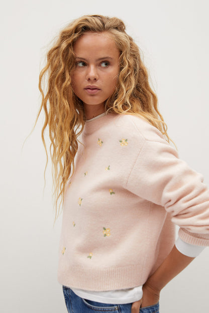 MANGO ecru knit sweater with scattered small floral motifs, crew neck and ribbed cuffs