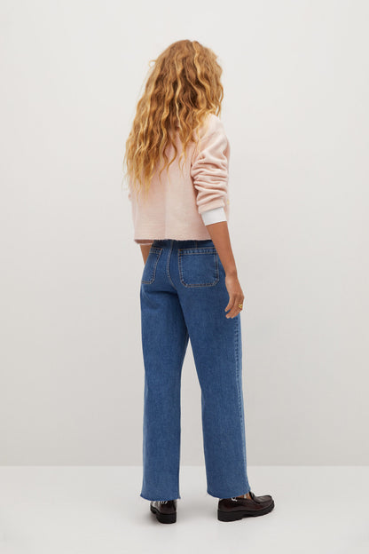 MANGO ecru knit sweater with small floral embroidery, crew neck and long sleeves