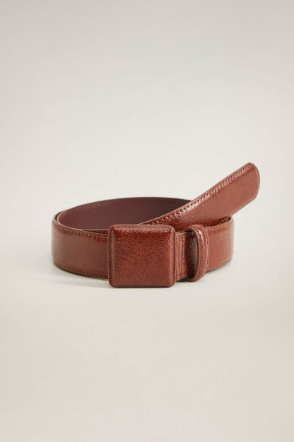 Brown leather belt with square buckle and adjustable holes