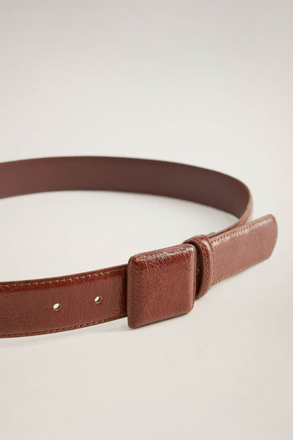 Brown leather belt with buckle front and stitched strap