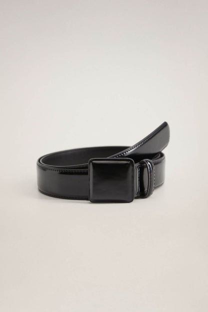 Black leather belt with square buckle and double-stitching on the strap edge.